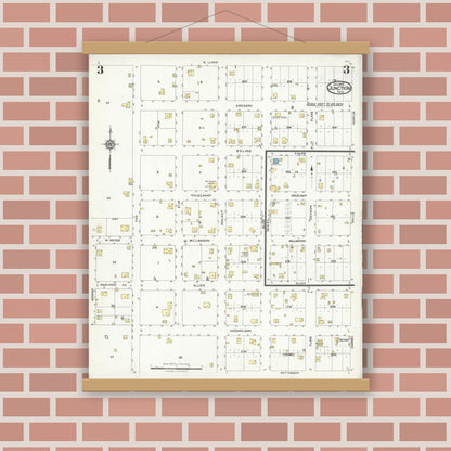 Old map wall art mockup — magnetic wood frame on brick wall — Sanborn Fire Insurance Map from Junction, Kimble County, Texas (1926), Sheet #0003