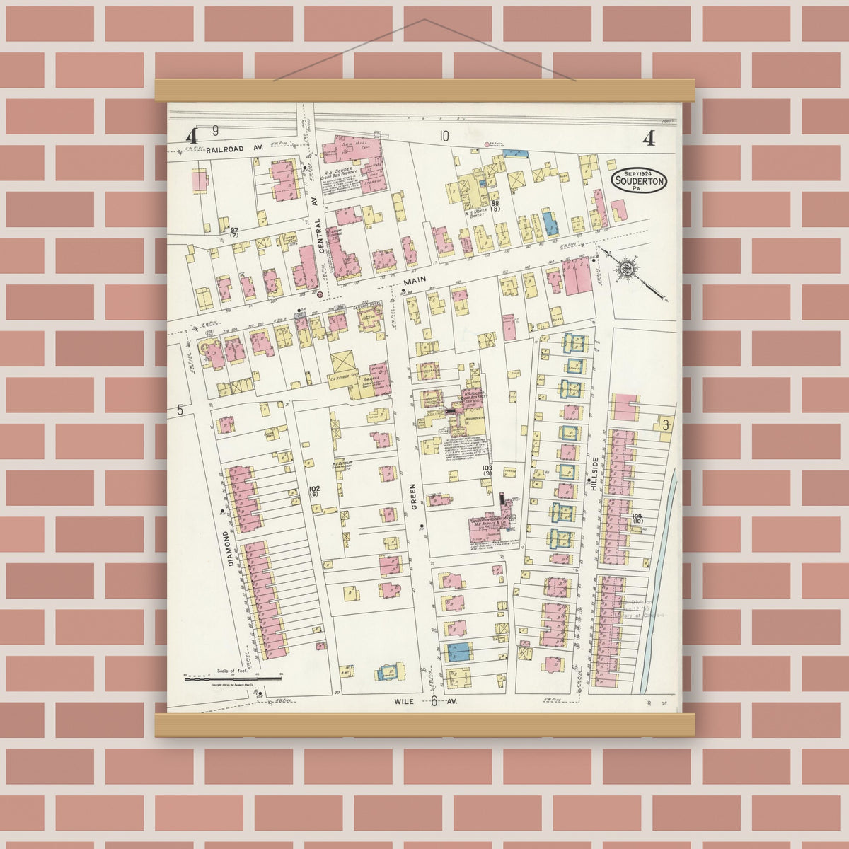 Old map wall art mockup — magnetic wood frame on brick wall — Sanborn Fire Insurance Map from Souderton, Montgomery County, Pennsylvania (1924), Sheet #0004