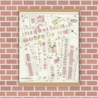Old map wall art mockup — magnetic wood frame on brick wall — Sanborn Fire Insurance Map from Souderton, Montgomery County, Pennsylvania (1924), Sheet #0004