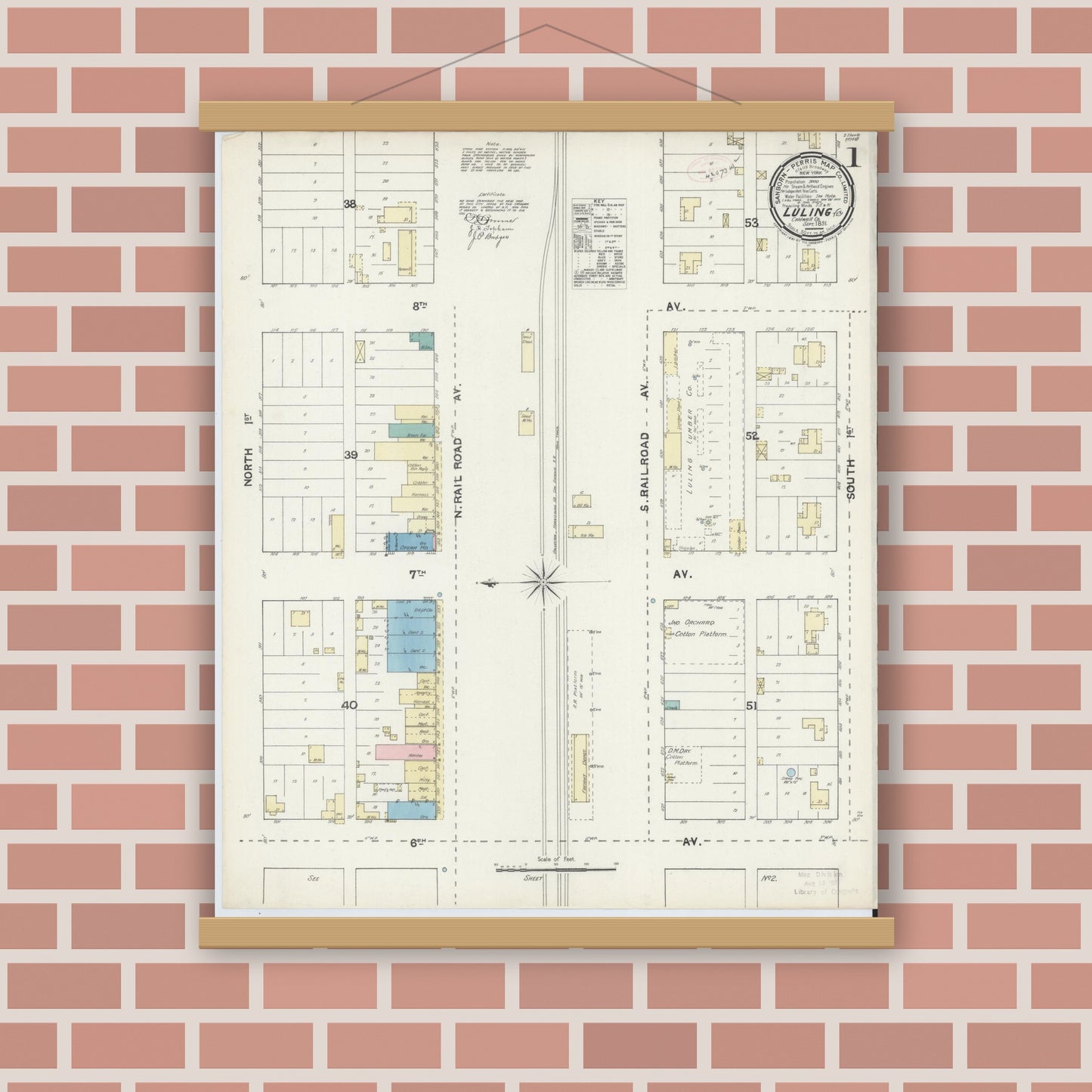 Old map wall art mockup — magnetic wood frame on brick wall — Sanborn Fire Insurance Map from Luling, Caldwell County, Texas (1891), Sheet #0001