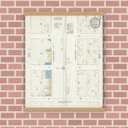 Old map wall art mockup — magnetic wood frame on brick wall — Sanborn Fire Insurance Map from Luling, Caldwell County, Texas (1891), Sheet #0001