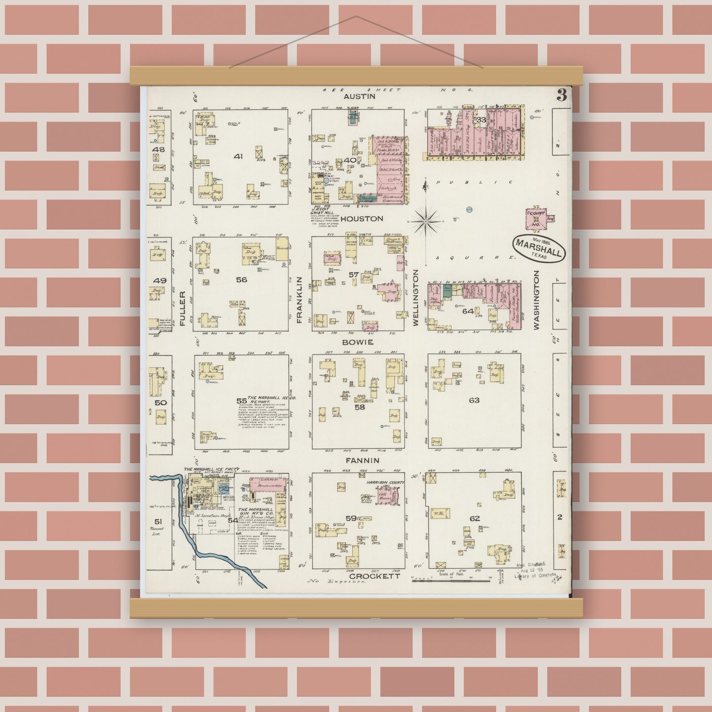 Old map wall art mockup — magnetic wood frame on brick wall — Sanborn Fire Insurance Map from Marshall, Harrison County, Texas (1885), Sheet #0003