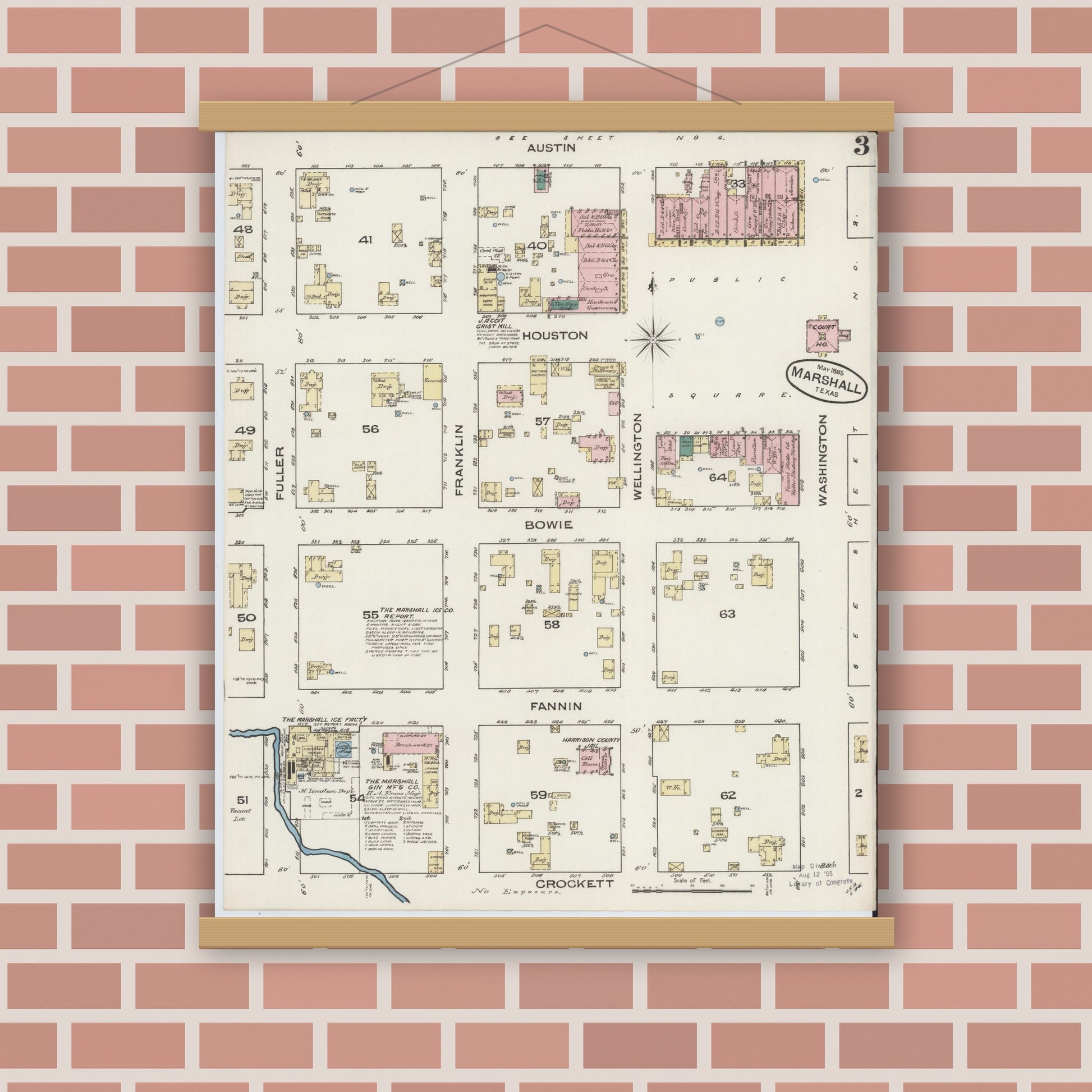 Old map wall art mockup — magnetic wood frame on brick wall — Sanborn Fire Insurance Map from Marshall, Harrison County, Texas (1885), Sheet #0003