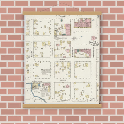 Old map wall art mockup — magnetic wood frame on brick wall — Sanborn Fire Insurance Map from Marshall, Harrison County, Texas (1885), Sheet #0003