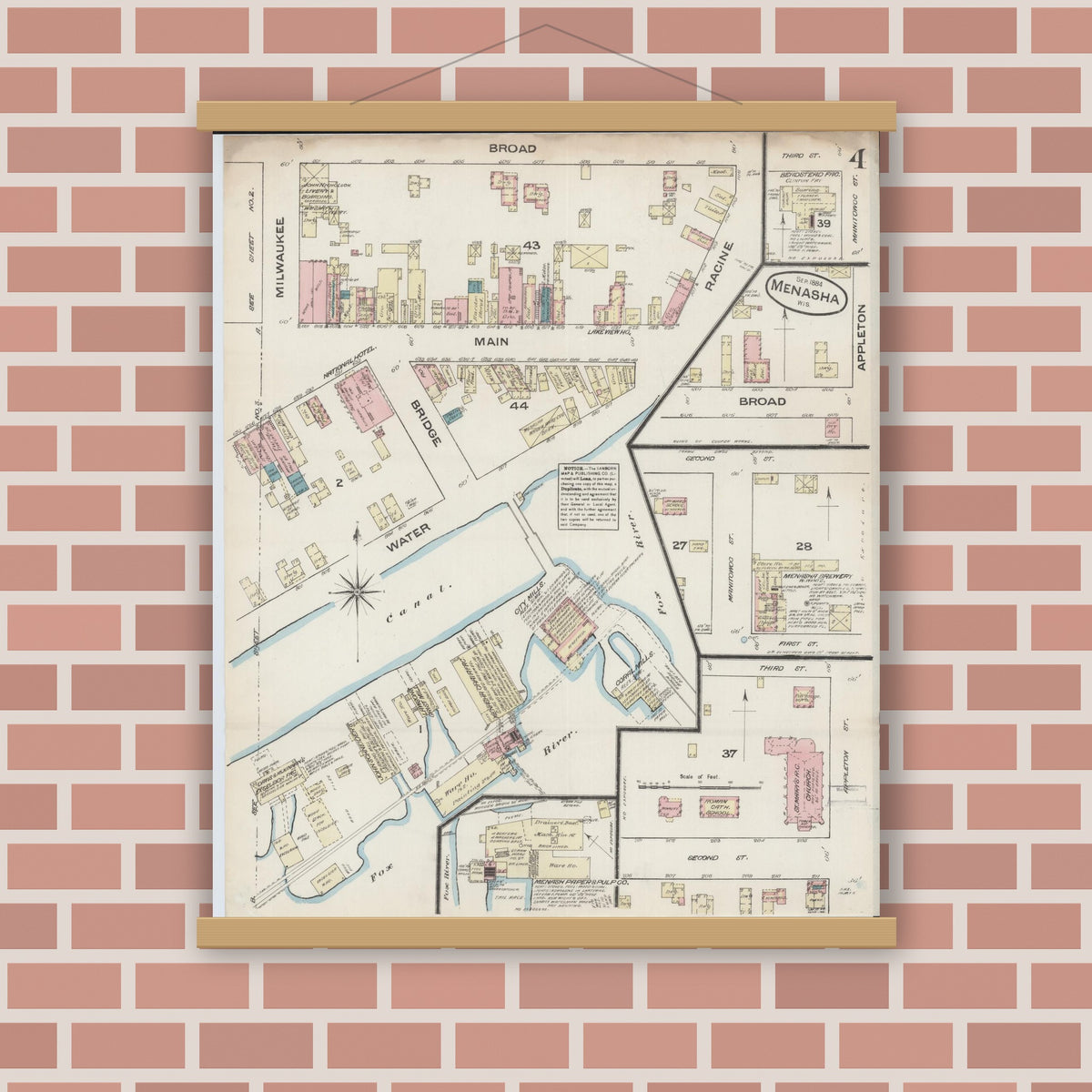Old map wall art mockup — magnetic wood frame on brick wall — Sanborn Fire Insurance Map from Menasha, Winnebago County, Wisconsin (1884), Sheet #0004