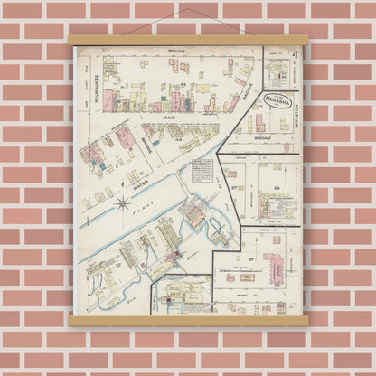 Old map wall art mockup — magnetic wood frame on brick wall — Sanborn Fire Insurance Map from Menasha, Winnebago County, Wisconsin (1884), Sheet #0004