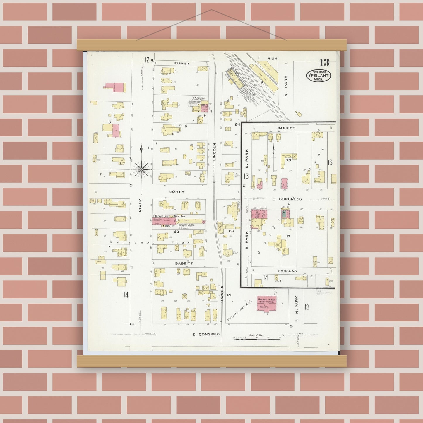 Old map wall art mockup — magnetic wood frame on brick wall — Sanborn Fire Insurance Map from Ypsilanti, Washtenaw County, Michigan (1909), Sheet #0013