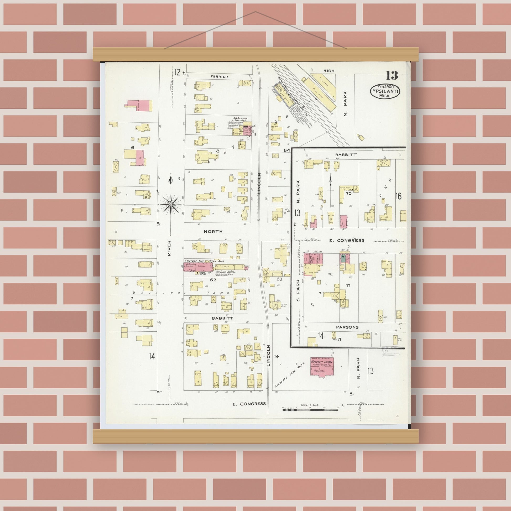 Old map wall art mockup — magnetic wood frame on brick wall — Sanborn Fire Insurance Map from Ypsilanti, Washtenaw County, Michigan (1909), Sheet #0013