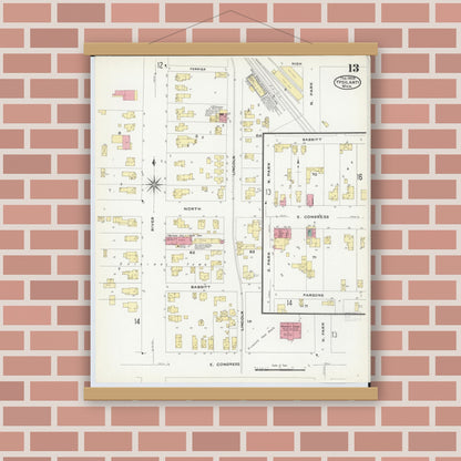 Old map wall art mockup — magnetic wood frame on brick wall — Sanborn Fire Insurance Map from Ypsilanti, Washtenaw County, Michigan (1909), Sheet #0013