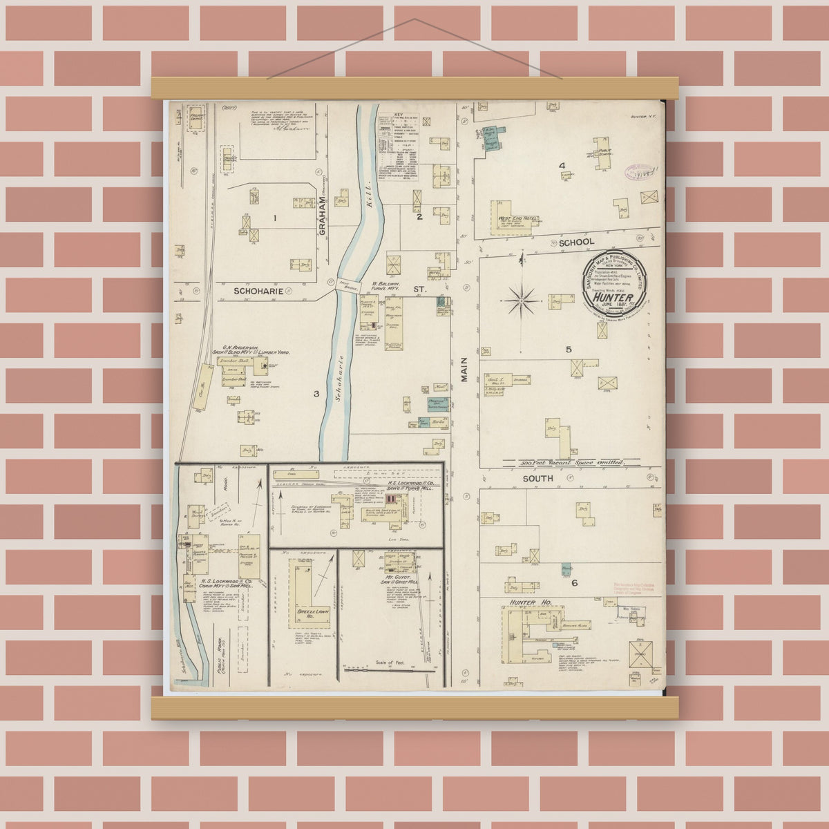 Old map wall art mockup — magnetic wood frame on brick wall — Sanborn Fire Insurance Map from Hunter, Greene County, New York (1887), Sheet #0001