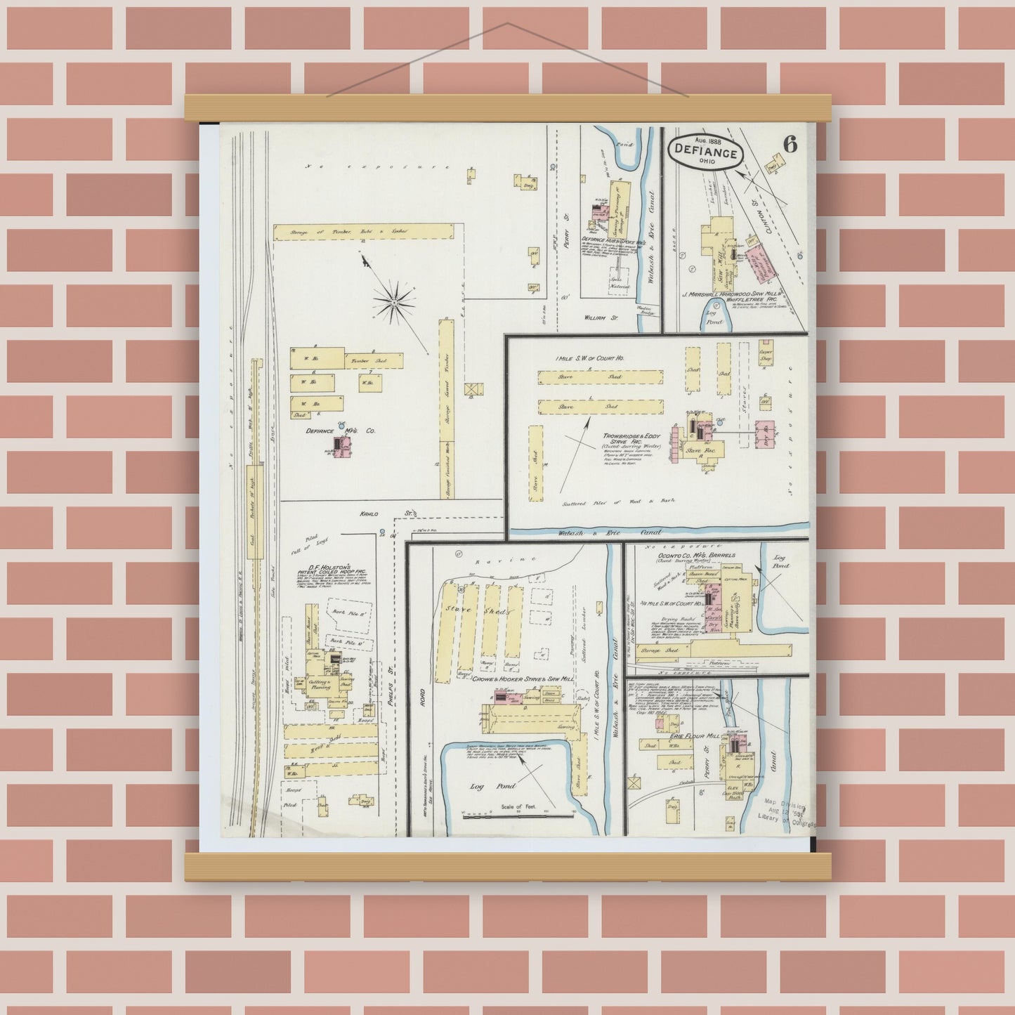 Old map wall art mockup — magnetic wood frame on brick wall — Sanborn Fire Insurance Map from Defiance, Defiance County, Ohio (1888), Sheet #0006