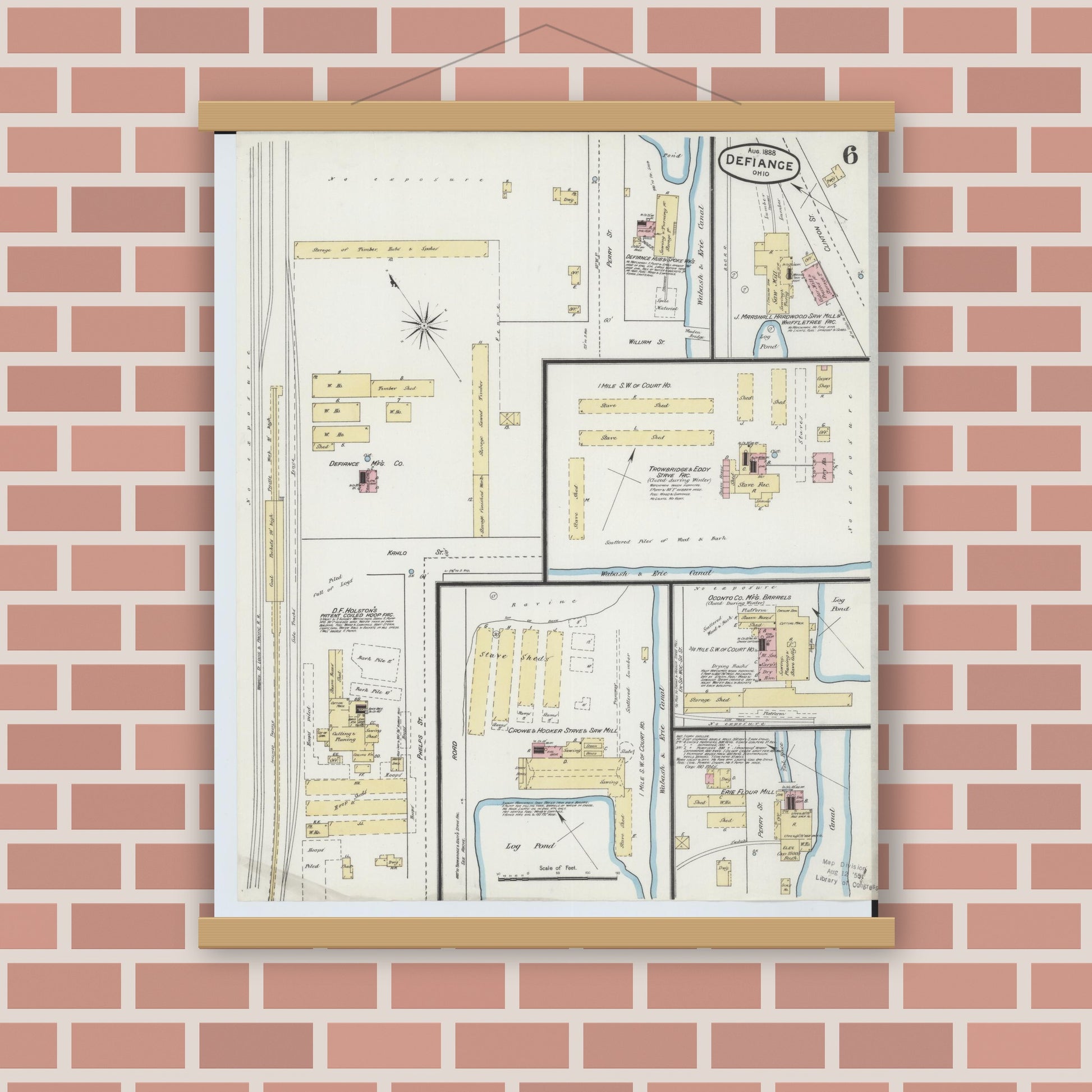 Old map wall art mockup — magnetic wood frame on brick wall — Sanborn Fire Insurance Map from Defiance, Defiance County, Ohio (1888), Sheet #0006