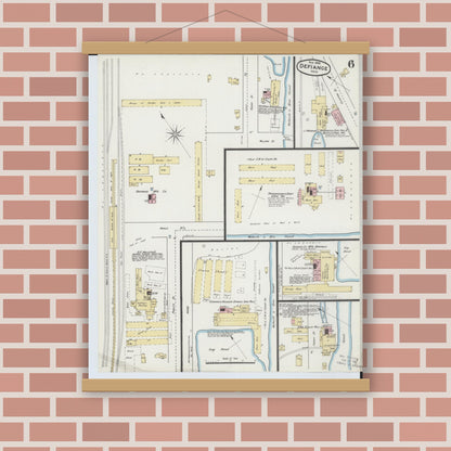 Old map wall art mockup — magnetic wood frame on brick wall — Sanborn Fire Insurance Map from Defiance, Defiance County, Ohio (1888), Sheet #0006