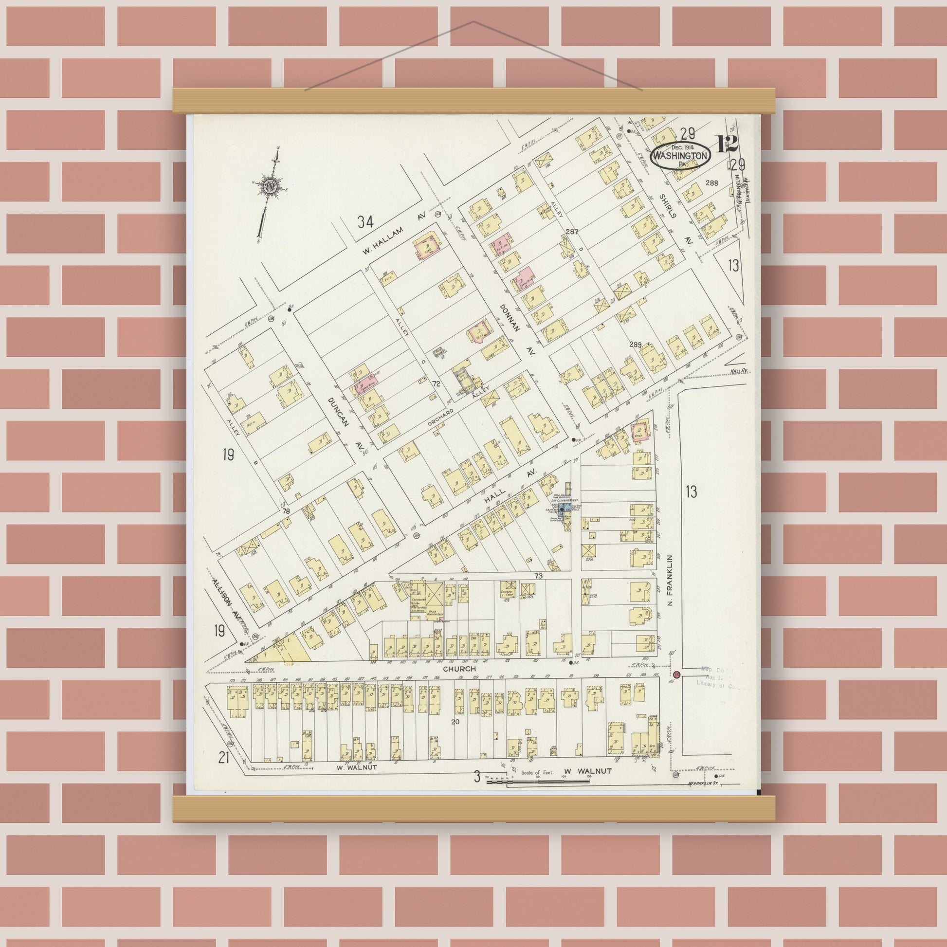 Old map wall art mockup — magnetic wood frame on brick wall — Sanborn Fire Insurance Map from Washington, Washington County, Pennsylvania (1914), Sheet #0012