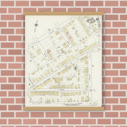 Old map wall art mockup — magnetic wood frame on brick wall — Sanborn Fire Insurance Map from Washington, Washington County, Pennsylvania (1914), Sheet #0012