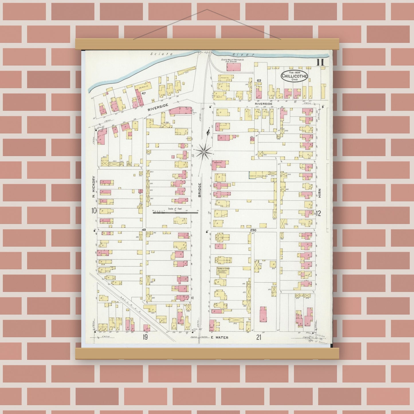Old map wall art mockup — magnetic wood frame on brick wall — Sanborn Fire Insurance Map from Chillicothe, Ross County, Ohio (1909), Sheet #0011
