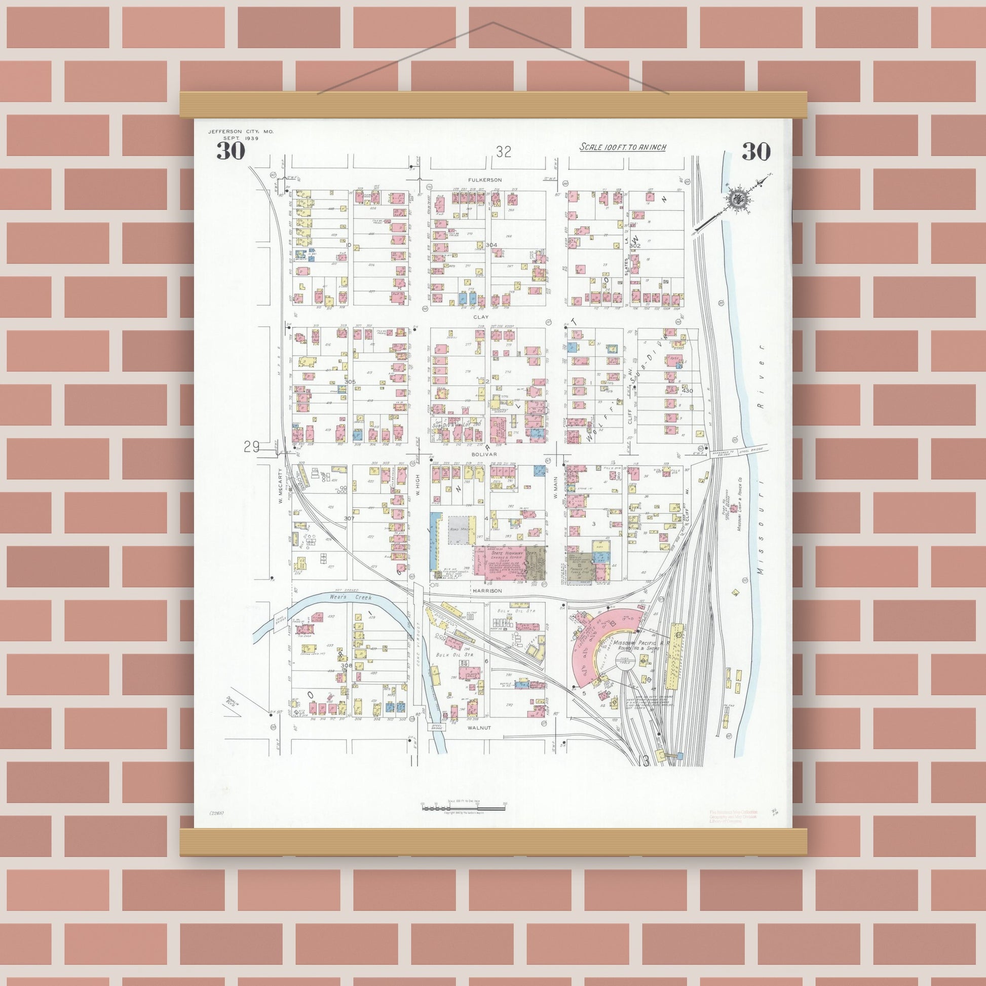 Old map wall art mockup — magnetic wood frame on brick wall — Sanborn Fire Insurance Map from Jefferson City, Cole County, Missouri (1939), Sheet #0030