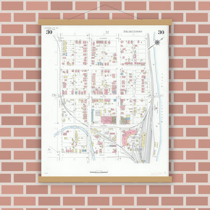 Old map wall art mockup — magnetic wood frame on brick wall — Sanborn Fire Insurance Map from Jefferson City, Cole County, Missouri (1939), Sheet #0030