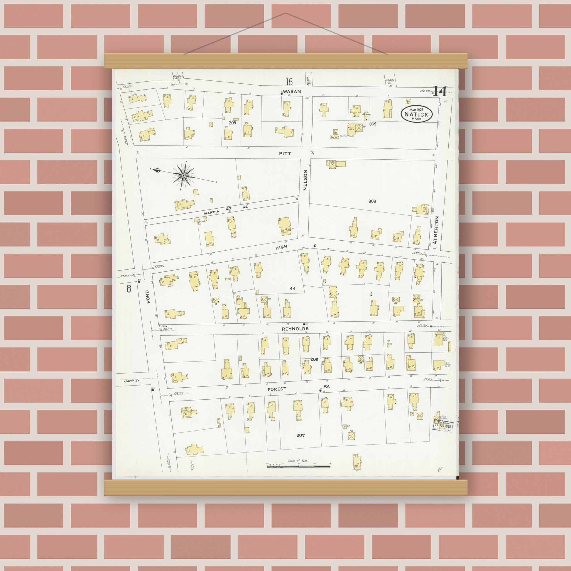 Old map wall art mockup — magnetic wood frame on brick wall — Sanborn Fire Insurance Map from Natick, Middlesex County, Massachusetts (1909), Sheet #0014