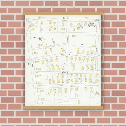 Old map wall art mockup — magnetic wood frame on brick wall — Sanborn Fire Insurance Map from Natick, Middlesex County, Massachusetts (1909), Sheet #0014