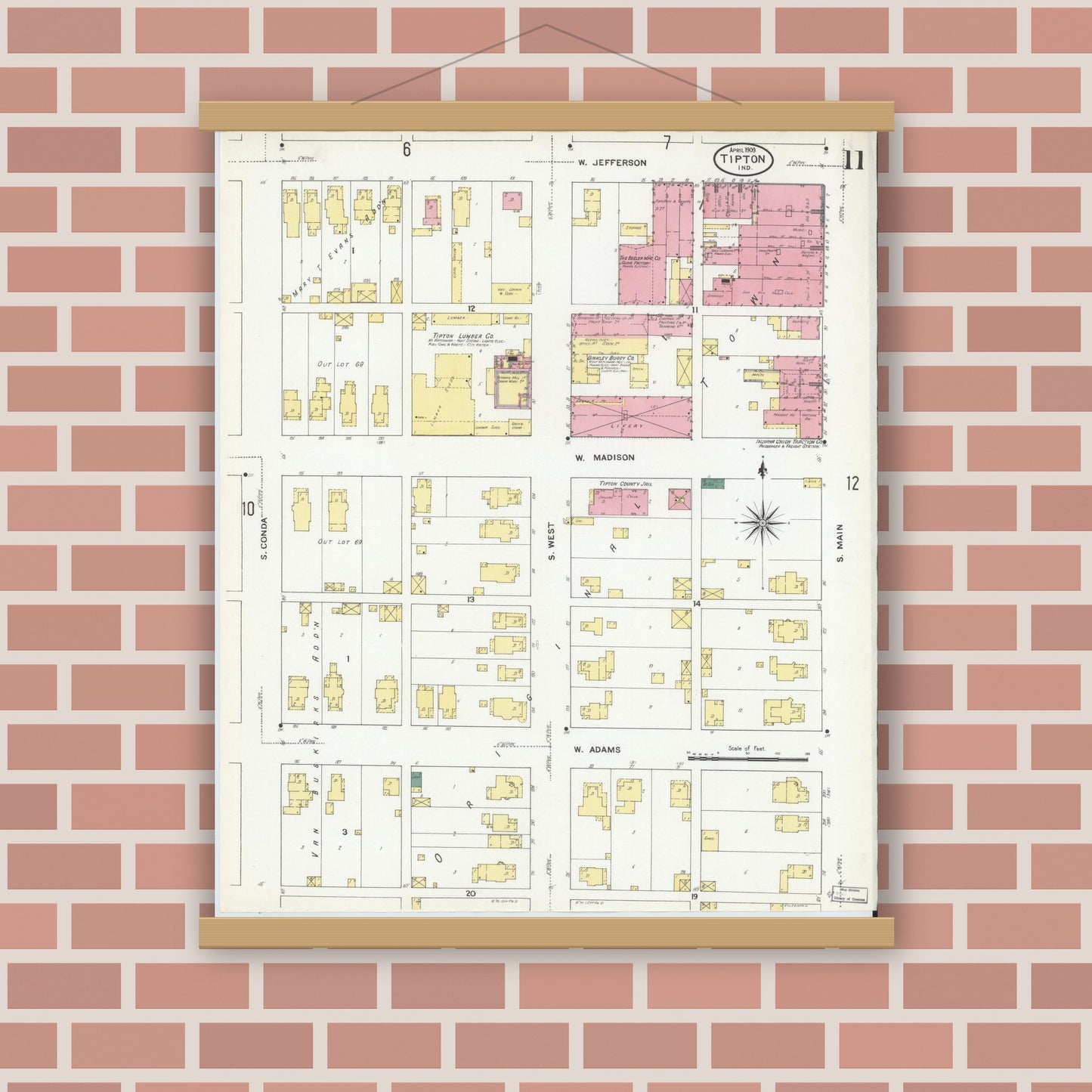 Old map wall art mockup — magnetic wood frame on brick wall — Sanborn Fire Insurance Map from Tipton, Tipton County, Indiana (1909), Sheet #0011