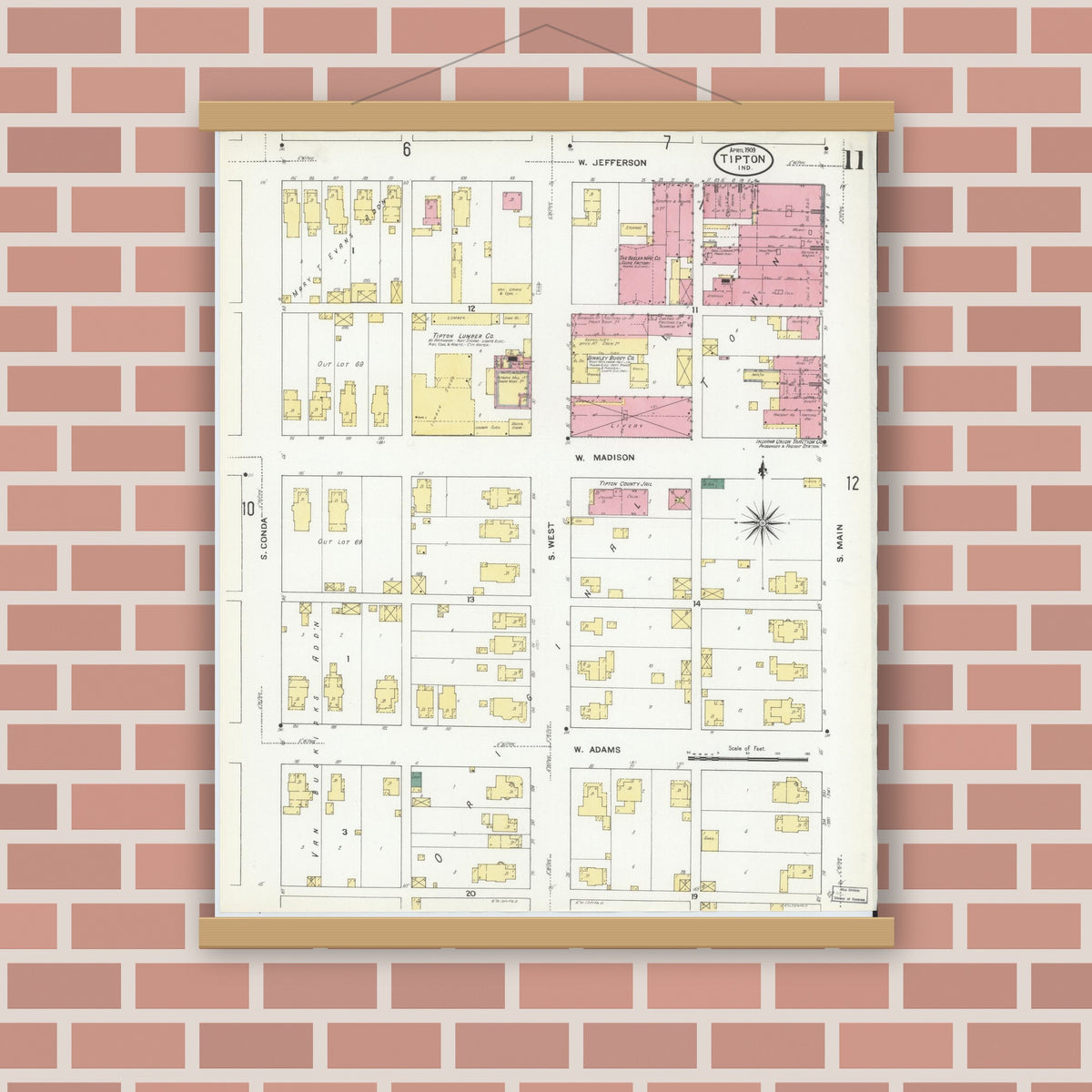 Old map wall art mockup — magnetic wood frame on brick wall — Sanborn Fire Insurance Map from Tipton, Tipton County, Indiana (1909), Sheet #0011