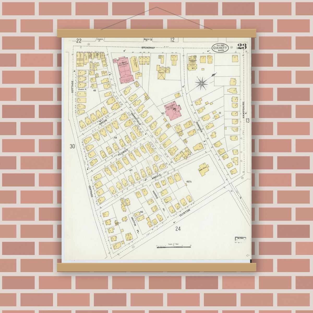 Old map wall art mockup — magnetic wood frame on brick wall — Sanborn Fire Insurance Map from Everett, Middlesex County, Massachusetts (1903), Sheet #0023