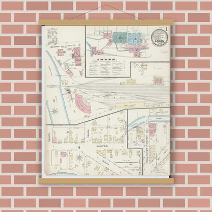 Old map wall art mockup — magnetic wood frame on brick wall — Sanborn Fire Insurance Map from Logan, Hocking County, Ohio (1886), Sheet #0001