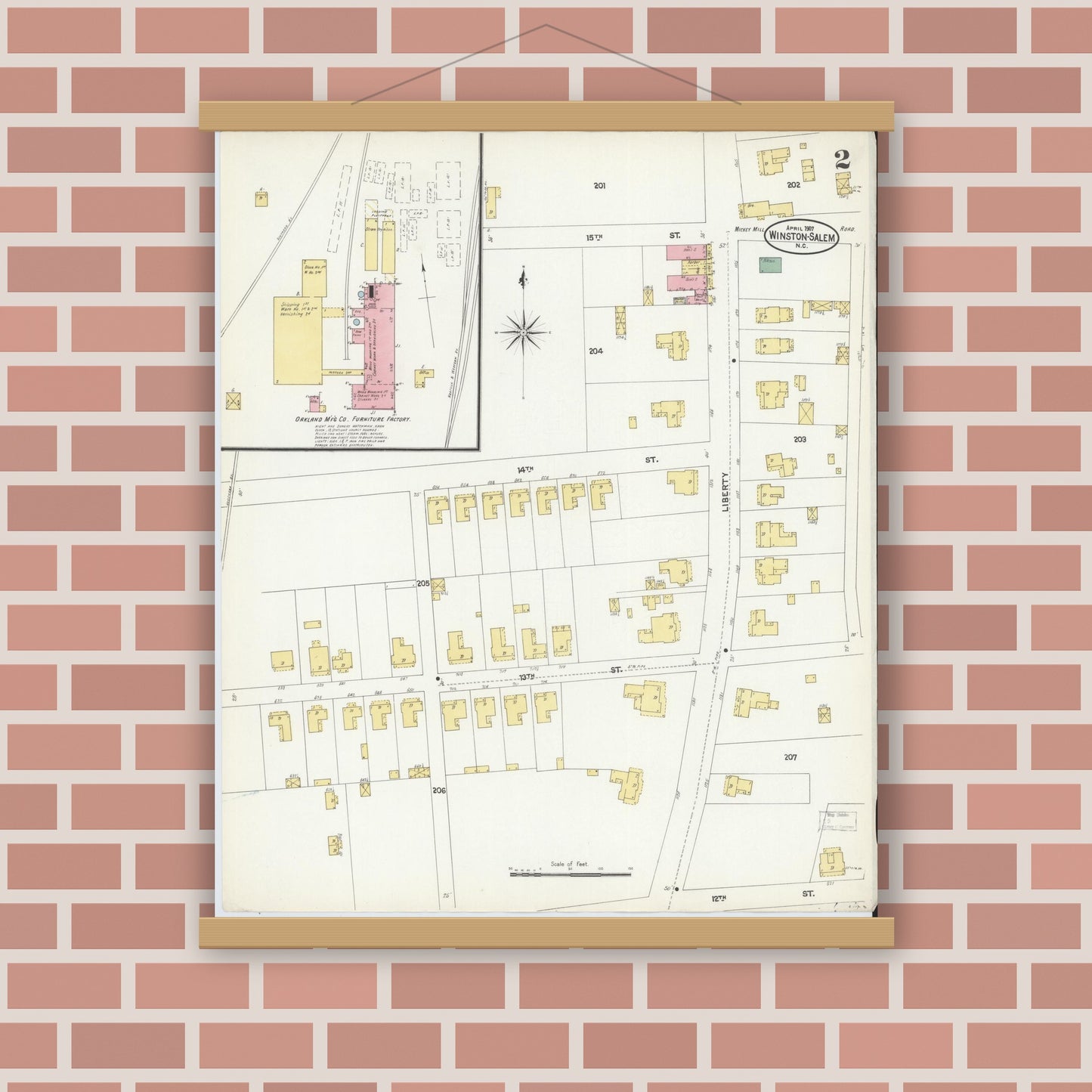 Old map wall art mockup — magnetic wood frame on brick wall — Sanborn Fire Insurance Map from Winston-Salem, Forsyth County, North Carolina (1907), Sheet #0002
