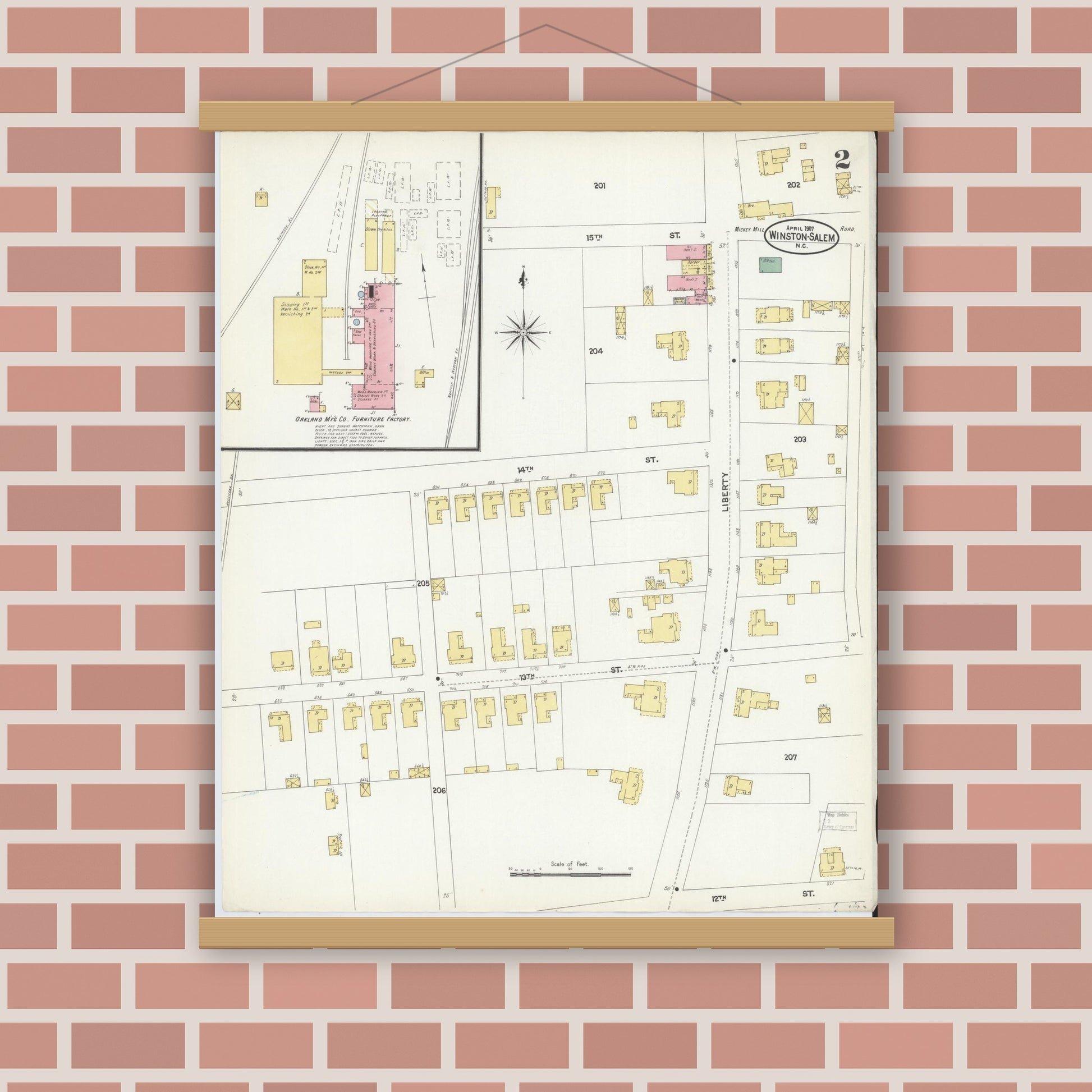 Old map wall art mockup — magnetic wood frame on brick wall — Sanborn Fire Insurance Map from Winston-Salem, Forsyth County, North Carolina (1907), Sheet #0002