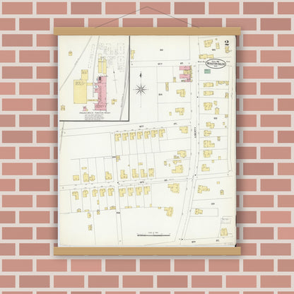 Old map wall art mockup — magnetic wood frame on brick wall — Sanborn Fire Insurance Map from Winston-Salem, Forsyth County, North Carolina (1907), Sheet #0002