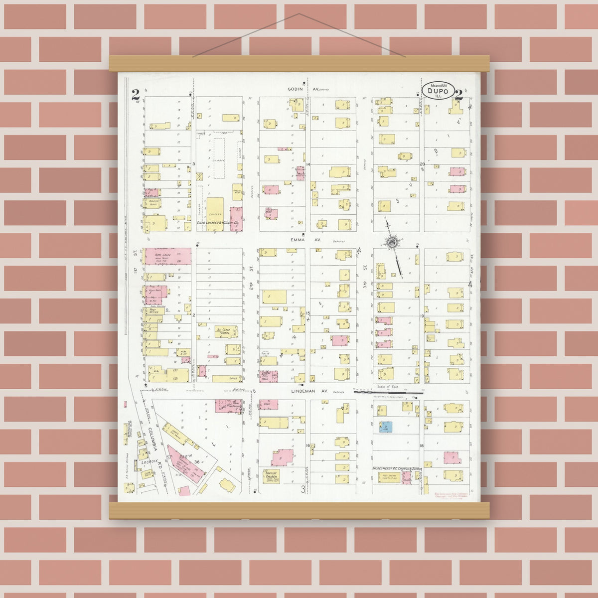 Old map wall art mockup — magnetic wood frame on brick wall — Sanborn Fire Insurance Map from Dupo, Saint Clair County, Illinois (1928), Sheet #0002