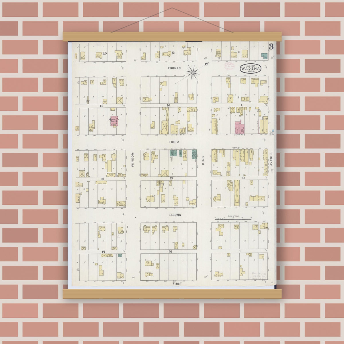 Old map wall art mockup — magnetic wood frame on brick wall — Sanborn Fire Insurance Map from Wadena, Wadena County, Minnesota (1894), Sheet #0003