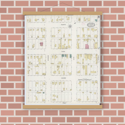 Old map wall art mockup — magnetic wood frame on brick wall — Sanborn Fire Insurance Map from Wadena, Wadena County, Minnesota (1894), Sheet #0003