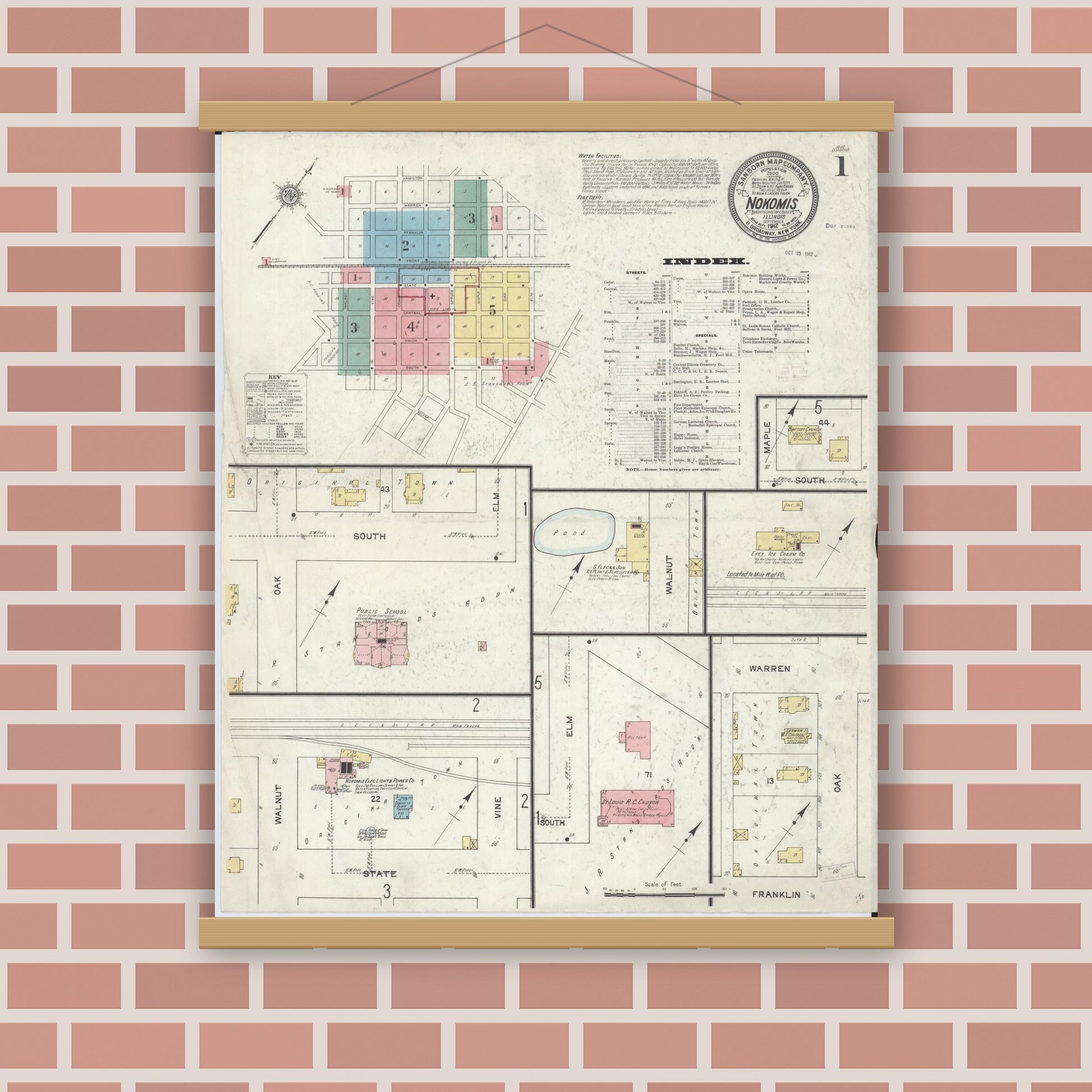 Old map wall art mockup — magnetic wood frame on brick wall — Sanborn Fire Insurance Map from Nokomis, Montgomery County, Illinois (1912), Sheet #0001