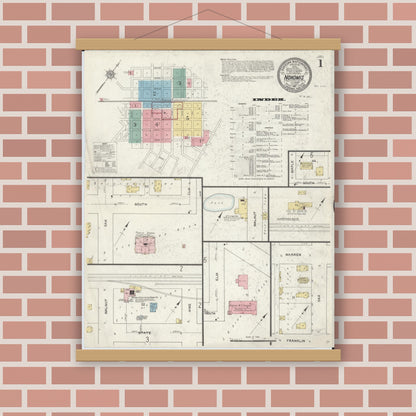 Old map wall art mockup — magnetic wood frame on brick wall — Sanborn Fire Insurance Map from Nokomis, Montgomery County, Illinois (1912), Sheet #0001