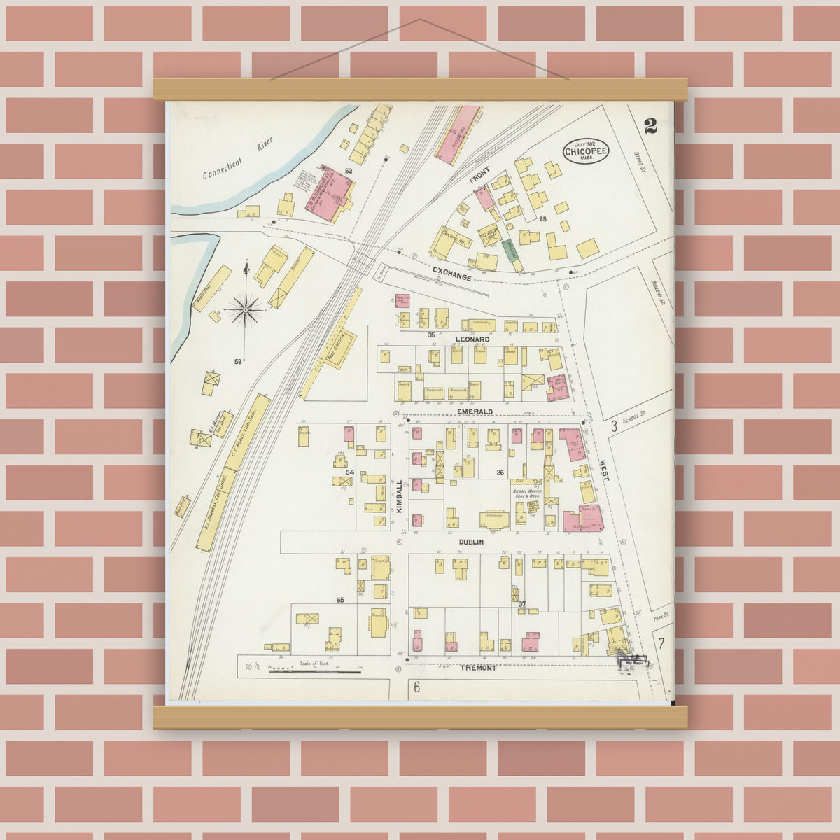 Old map wall art mockup — magnetic wood frame on brick wall — Sanborn Fire Insurance Map from Chicopee, Hampden County, Massachusetts (1902), Sheet #0002