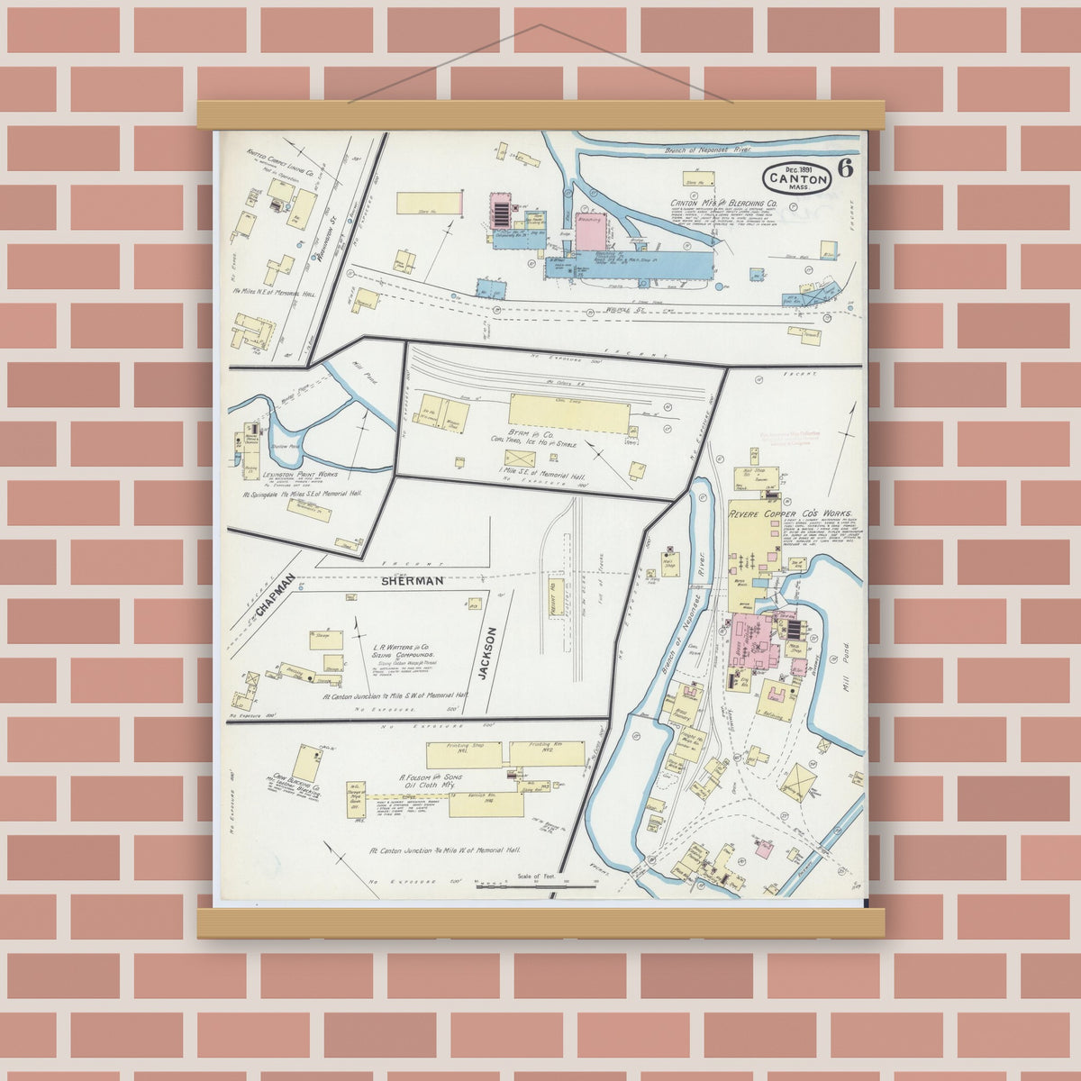 Old map wall art mockup — magnetic wood frame on brick wall — Sanborn Fire Insurance Map from Canton, Norfolk County, Massachusetts (1891), Sheet #0006