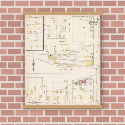 Old map wall art mockup — magnetic wood frame on brick wall — Sanborn Fire Insurance Map from De Funiak Springs, Walton County, Florida (1922), Sheet #0002