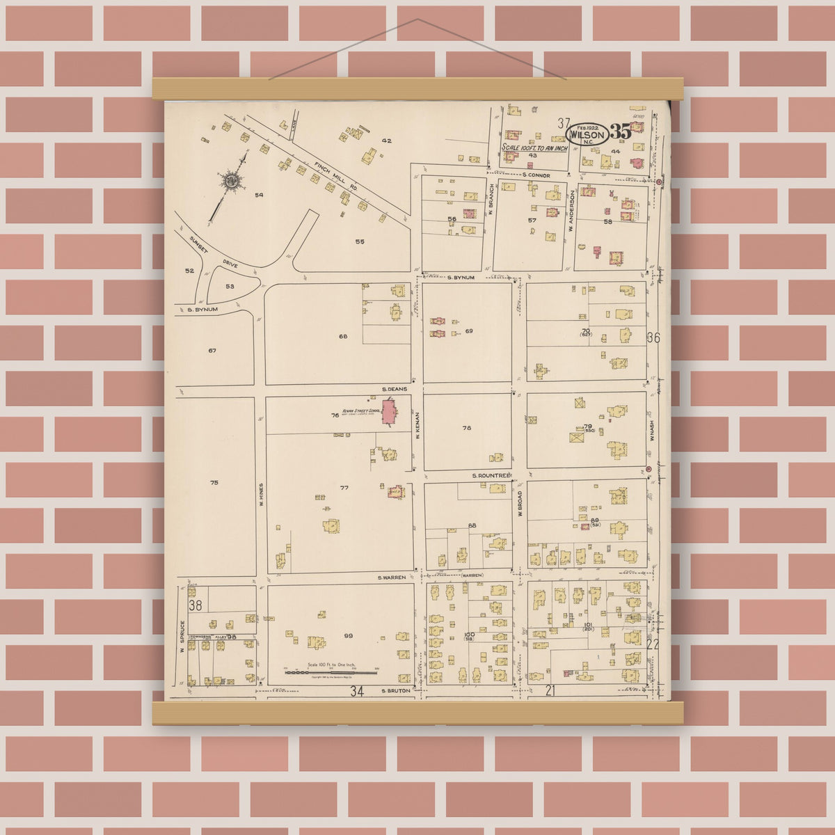 Old map wall art mockup — magnetic wood frame on brick wall — Sanborn Fire Insurance Map from Wilson, Wilson County, North Carolina (1922), Sheet #0035