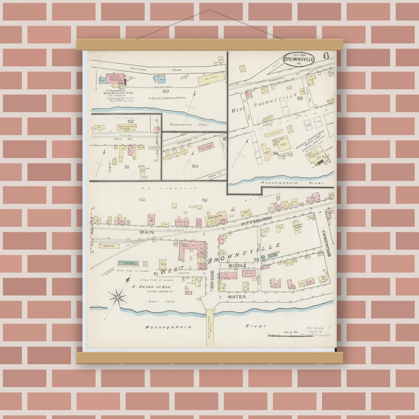 Old map wall art mockup — magnetic wood frame on brick wall — Sanborn Fire Insurance Map from Brownsville, Fayette County, Pennsylvania (1886), Sheet #0006