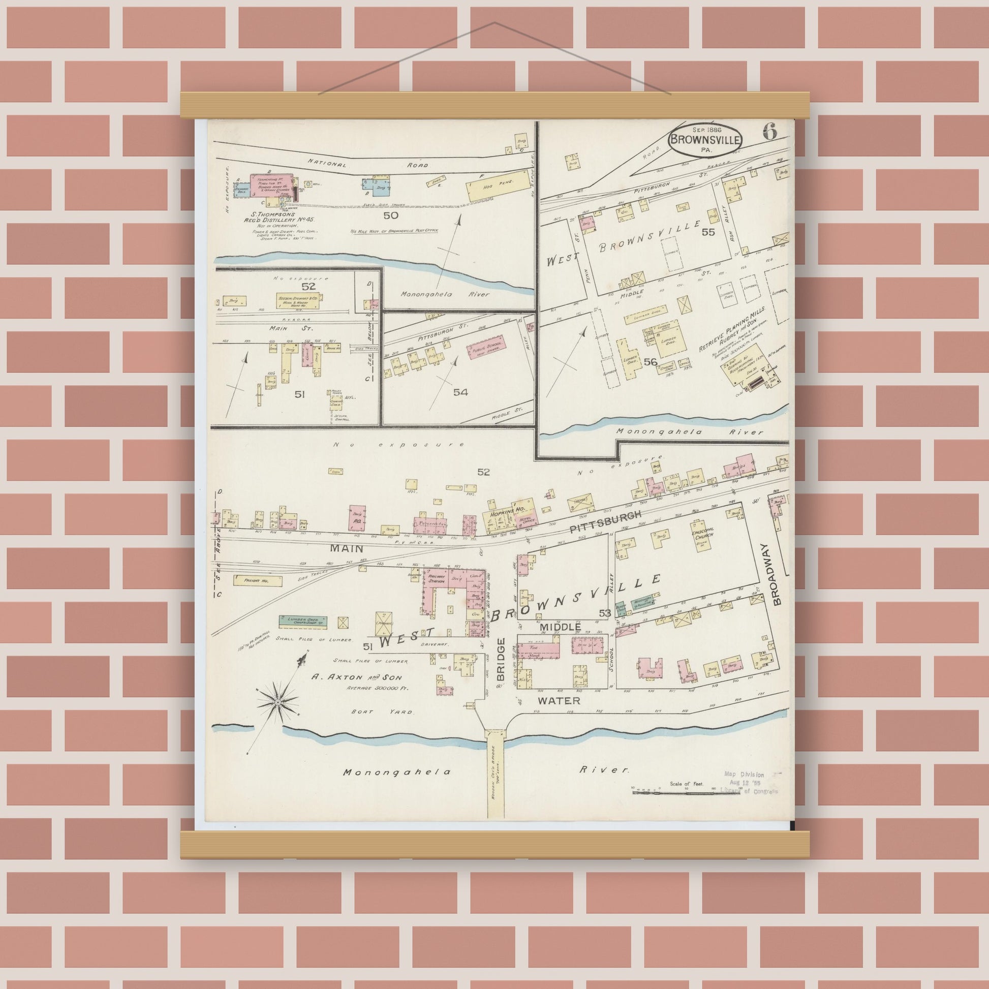 Old map wall art mockup — magnetic wood frame on brick wall — Sanborn Fire Insurance Map from Brownsville, Fayette County, Pennsylvania (1886), Sheet #0006