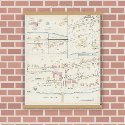 Old map wall art mockup — magnetic wood frame on brick wall — Sanborn Fire Insurance Map from Brownsville, Fayette County, Pennsylvania (1886), Sheet #0006