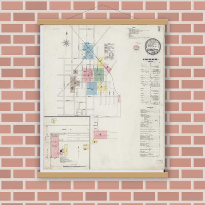 Old map wall art mockup — magnetic wood frame on brick wall — Sanborn Fire Insurance Map from Charlotte, Eaton County, Michigan (1895), Sheet #0001