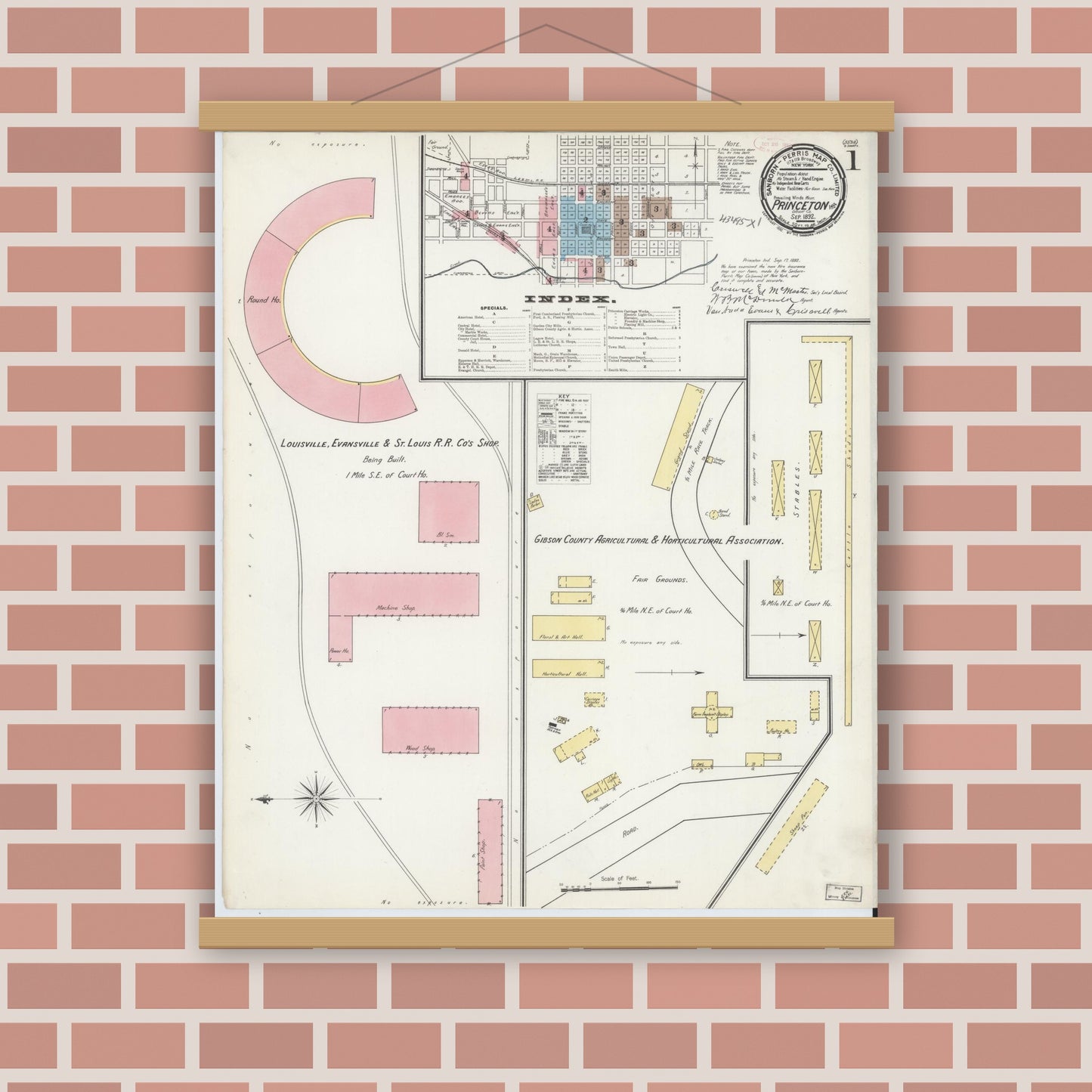 Old map wall art mockup — magnetic wood frame on brick wall — Sanborn Fire Insurance Map from Princeton, Gibson County, Indiana (1892) - Complete Map Set