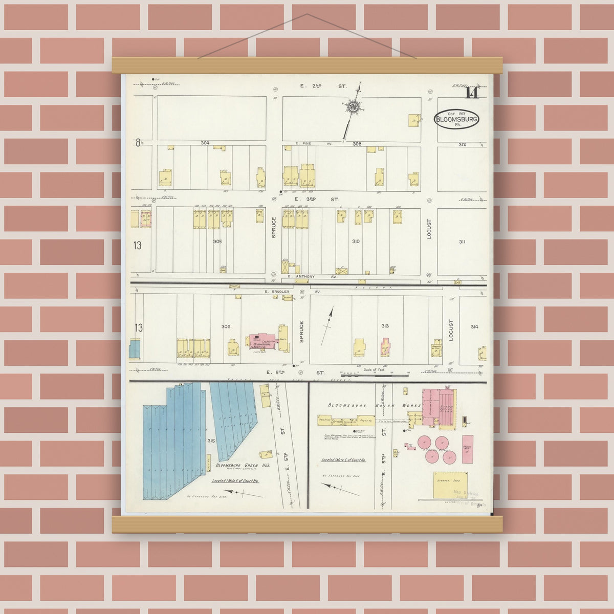 Old map wall art mockup — magnetic wood frame on brick wall — Sanborn Fire Insurance Map from Bloomsburg, Columbia County, Pennsylvania (1913), Sheet #0014