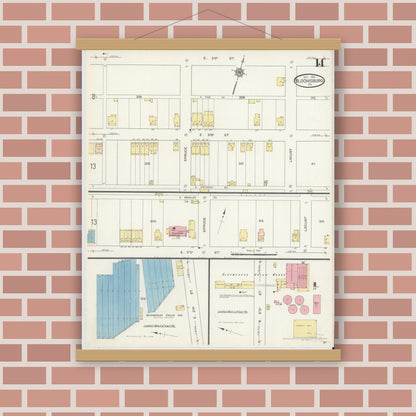 Old map wall art mockup — magnetic wood frame on brick wall — Sanborn Fire Insurance Map from Bloomsburg, Columbia County, Pennsylvania (1913), Sheet #0014