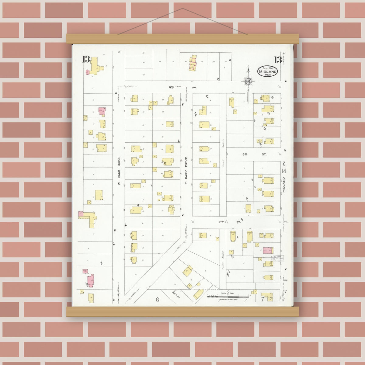 Old map wall art mockup — magnetic wood frame on brick wall — Sanborn Fire Insurance Map from Midland, Midland County, Michigan (1926), Sheet #0013