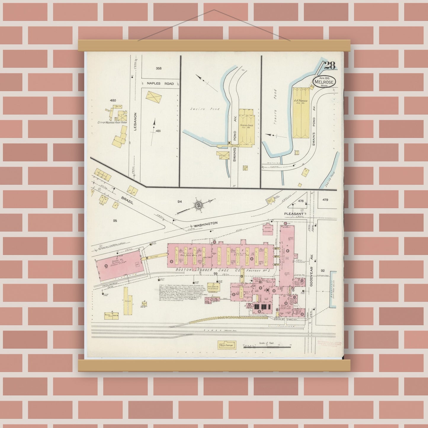 Old map wall art mockup — magnetic wood frame on brick wall — Sanborn Fire Insurance Map from Melrose, Middlesex County, Massachusetts (1915), Sheet #0028