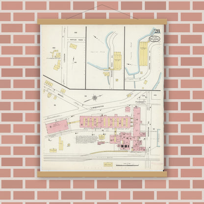 Old map wall art mockup — magnetic wood frame on brick wall — Sanborn Fire Insurance Map from Melrose, Middlesex County, Massachusetts (1915), Sheet #0028